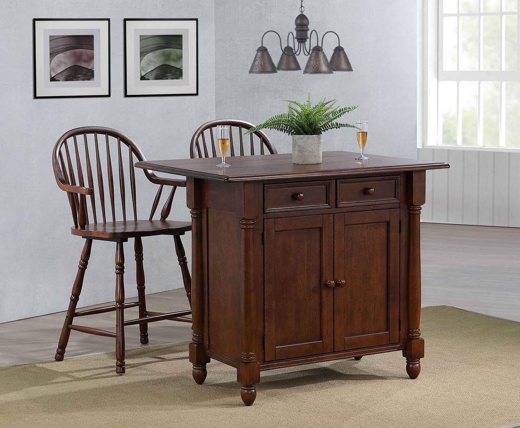 Sunset Trading Andrews Extendable Drop Leaf Kitchen Island with Counter Height Stools with Arms | Distressed Chestnut Brown | Drawers and Cabinet
