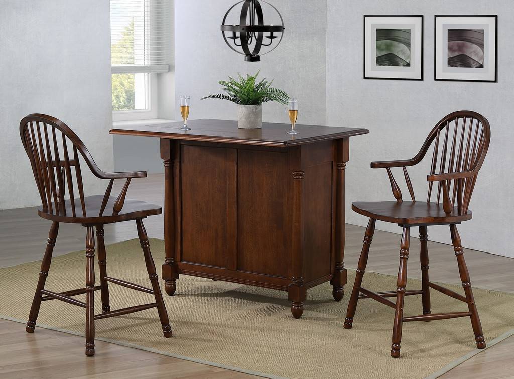 Sunset Trading Andrews Extendable Drop Leaf Kitchen Island with Counter Height Stools with Arms | Distressed Chestnut Brown | Drawers and Cabinet