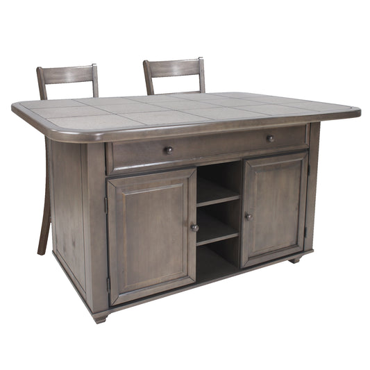 Sunset Trading Shades of Gray 3 Piece Kitchen Island Set | Gray Tile Top | 2 Barstools