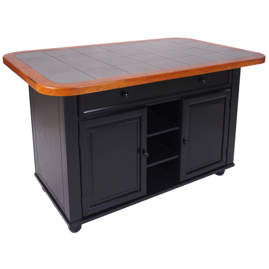 Sunset Trading Antique Black Kitchen Island | Cherry Trim and Gray Tile Top