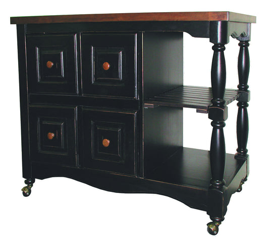Sunset Trading Regal Kitchen Cart | Four Drawers | Open Shelves |Antique Black with Cherry Accents