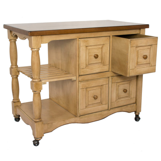 Sunset Trading Brook Kitchen Cart | Four Drawers | Open Shelves | Wheat and Pecan Brown