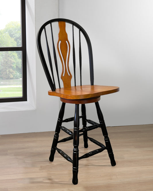 Black Cherry Selections 24" Keyhole Windsor Barstool | Counter Height Stool | Antique Black with Cherry Accents