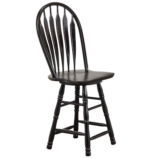 Farmhouse Country Cottage Windsor Arrowback Café Stool | 24" Counter Height Swivel Barstool | Antique Black Solid Wood | Dining Room Kitchen Home Bar Furniture