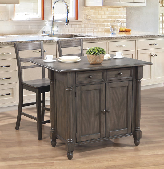 Shades of Gray Expandable Drop Leaf Kitchen Island Set with 2 Stools | Drawers and Cabinet by Sunset Trading