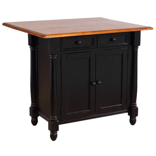 Sunset Trading Antique Black Expandable Kitchen Island with Cherry Drop Leaf Top | Drawers and Cabinet