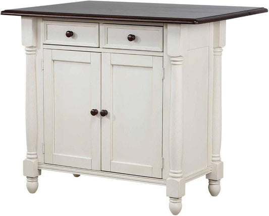 Sunset Trading Andrews Antique White Kitchen Island | Chestnut Brown Drop Leaf Top | Drawers and Cabinet