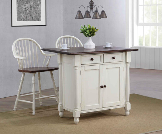 Sunset Trading Andrews Antique White Expandable Kitchen Island with Counter Height Stools with Arms | Chestnut Brown Drop Leaf Top | Drawers and Cabinet